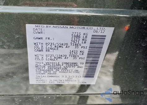 2013 Infiniti Jx35 z USA, uszkodzony, nr VIN 5N1AL0MM4DC313030